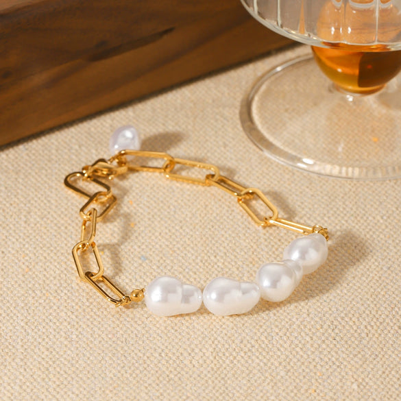 Stainless Steel Geometric Pearl Bracelet For Women With Electroplating Design