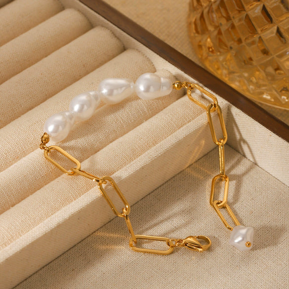 Stainless Steel Geometric Pearl Bracelet For Women With Electroplating Design