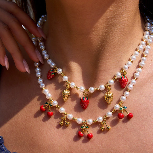 Stainless Steel Geometric Pearl Oil Dripping Cherry Pendant Necklace Jewelry With Electroplating And Original Design For Women