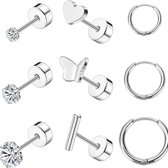 Stainless Steel Geometric Plant Flowers Style Electroplated Piercing Jewelry Ear Studs Ear Bone Nails Barbell Wafer Earrings Combination Suit