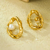 Stainless Steel Geometric Pleated Hollow Pearl Earrings For Women With Electroplating