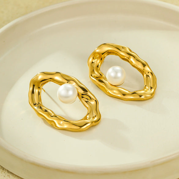 Stainless Steel Geometric Pleated Hollow Pearl Earrings For Women With Electroplating