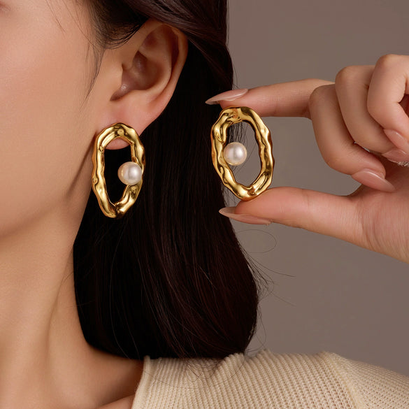 Stainless Steel Geometric Pleated Hollow Pearl Earrings For Women With Electroplating