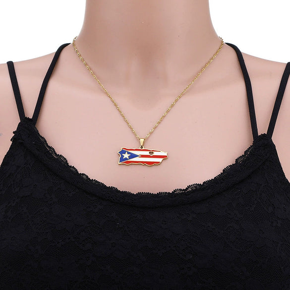 Stainless Steel Geometric Puerto Rico Map Dripping Oil Necklace Water Wave Chain Women's Accessories