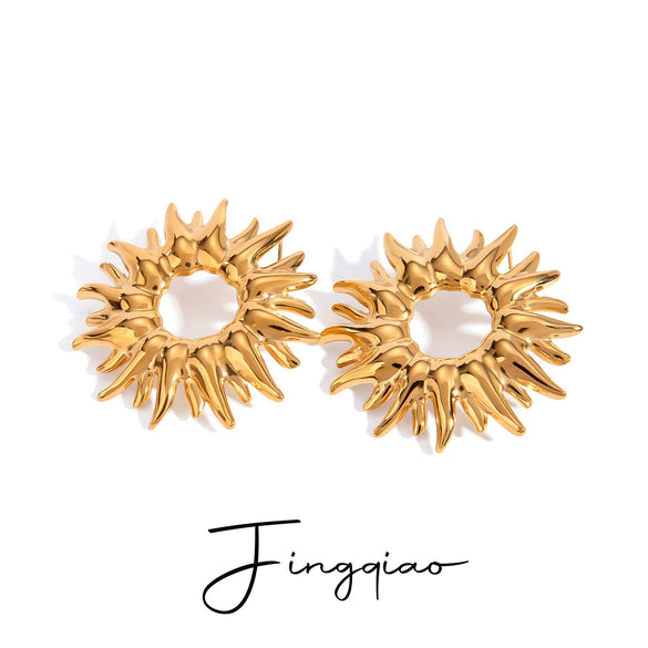 Stainless Steel Geometric Retro Golden Sunflower Hollow Earrings For Women With Electroplating