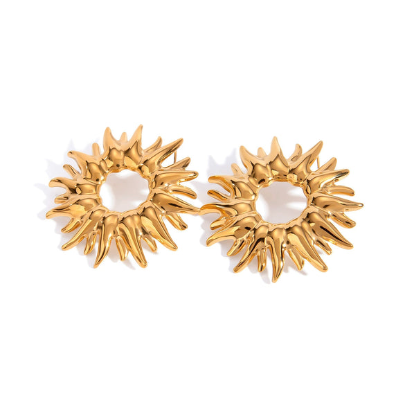 Stainless Steel Geometric Retro Golden Sunflower Hollow Earrings For Women With Electroplating