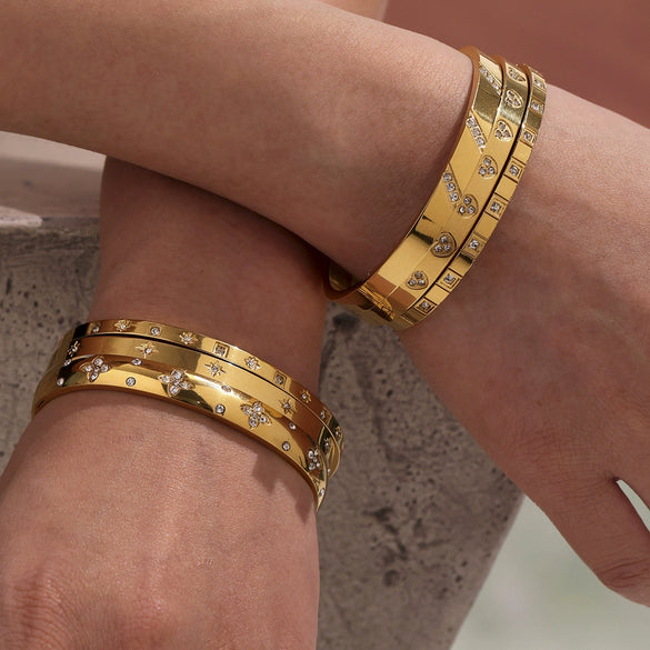Stainless Steel Geometric Ring And Bracelet Combination Inlaid With Zircon Electroplated