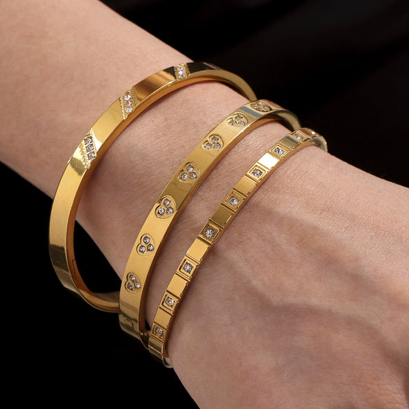 Stainless Steel Geometric Ring And Bracelet Combination Inlaid With Zircon Electroplated