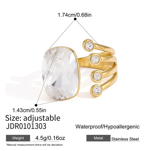 Stainless Steel Geometric Ring With Colored Diamond Inlay Pvd Vacuum Gold Plating Hypoallergenic Women's Jewelry