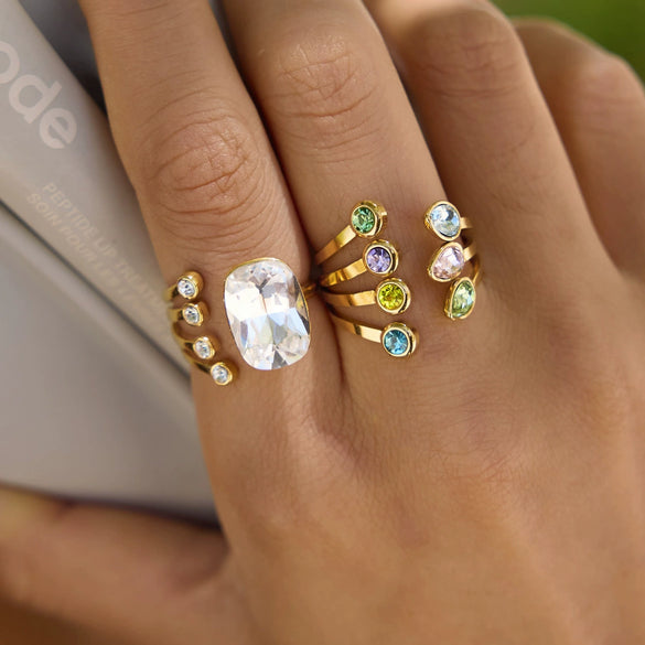 Stainless Steel Geometric Ring With Colored Diamond Inlay Pvd Vacuum Gold Plating Hypoallergenic Women's Jewelry