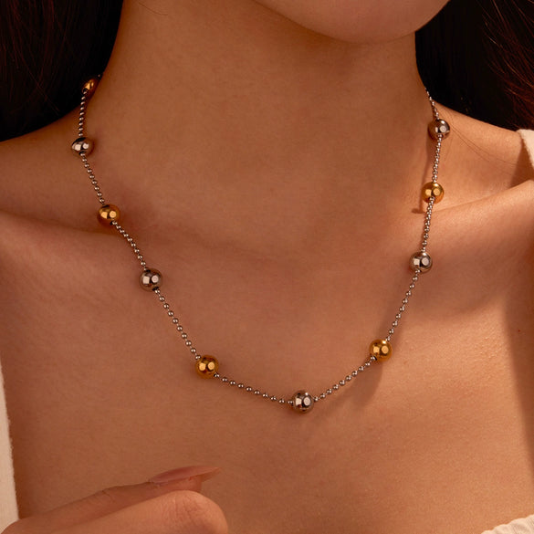 Stainless Steel Geometric Round Bead Necklace For Women Electroplated Fashion Style