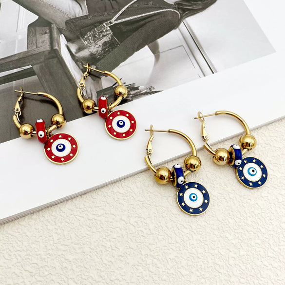 Stainless Steel Geometric Round Devil's Eye Pendant Earrings With Oil Embossed And Electroplating