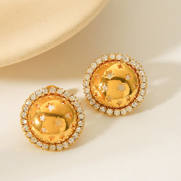 Stainless Steel Geometric Round Stars Hollow Diamond Earrings For Women With Electroplating Design