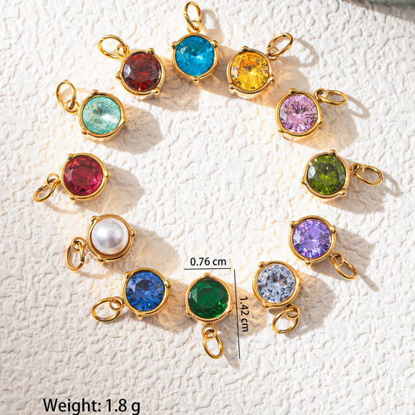 Stainless Steel Geometric Round Zircon Inlaid Electroplating Birthstone Pendant