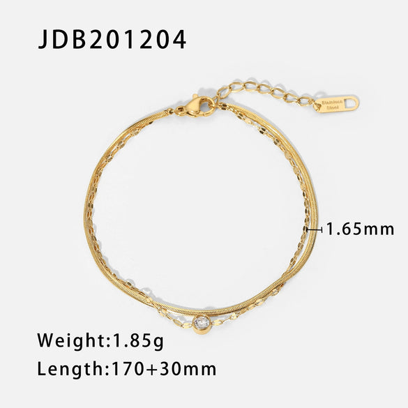 Stainless Steel Geometric Snake Bone Chain Double Layer Zircon Bracelet For Women With Electroplating