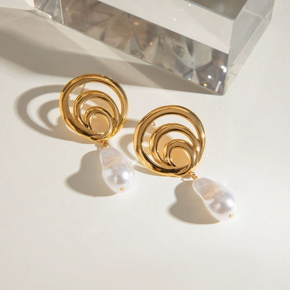 Stainless Steel Geometric Spiral Hollow Pearl Pendant Earrings With Electroplating For Women