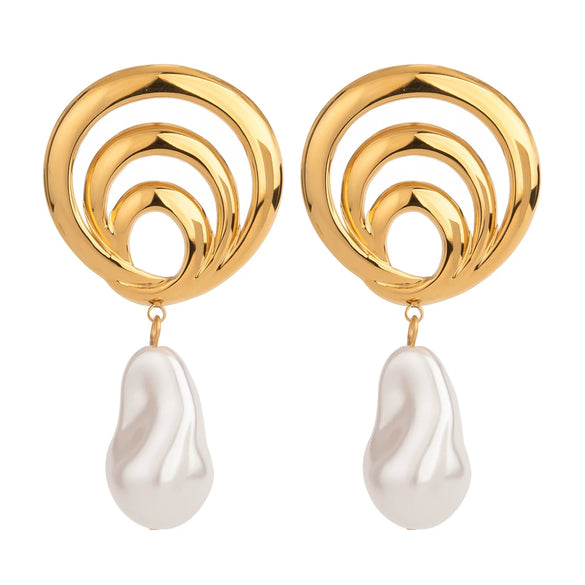 Stainless Steel Geometric Spiral Hollow Pearl Pendant Earrings With Electroplating For Women