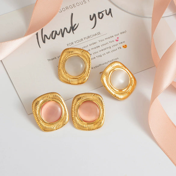 Stainless Steel Geometric Square Cat's Eye Earrings With Electroplating Treatment For Women