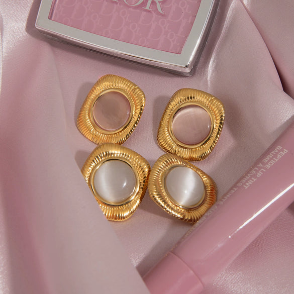 Stainless Steel Geometric Square Cat's Eye Earrings With Electroplating Treatment For Women