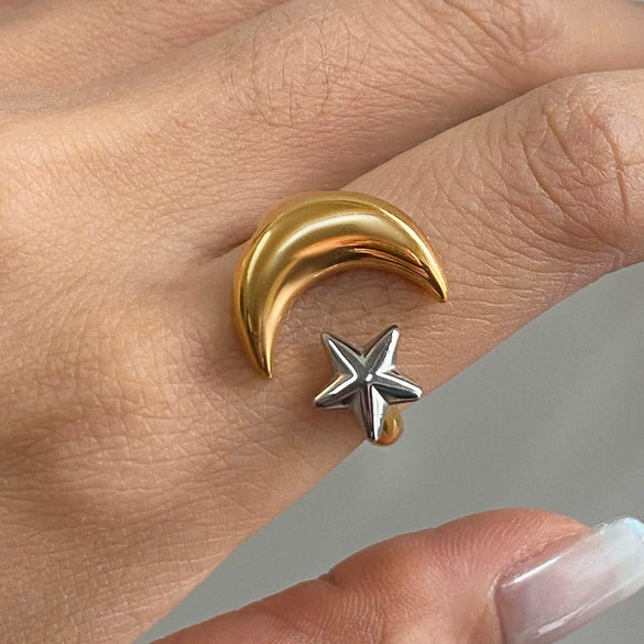 Stainless Steel Geometric Star And Moon Adjustable Opening Ring Jewelry With Gold And Silver Color Matching And Electroplating Treatment French Retro Style
