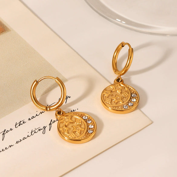 Stainless Steel Geometric Star And Moon Disc Embossed Diamond Pendant Earrings For Women With Electroplating