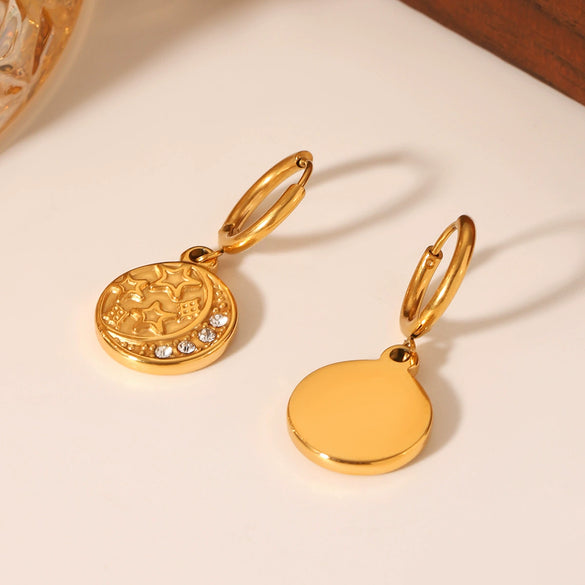 Stainless Steel Geometric Star And Moon Disc Embossed Diamond Pendant Earrings For Women With Electroplating