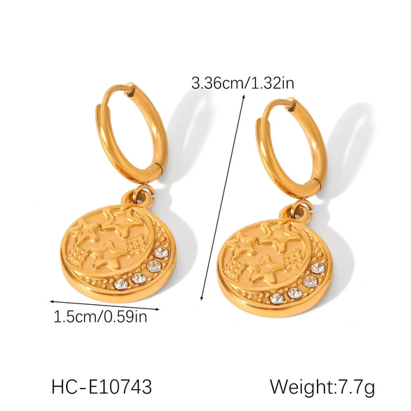 Stainless Steel Geometric Star And Moon Disc Embossed Diamond Pendant Earrings For Women With Electroplating