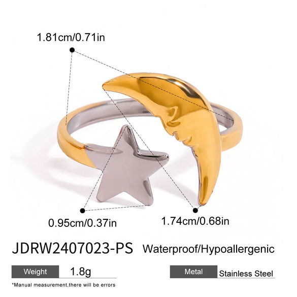 Stainless Steel Geometric Star And Moon Open Ring Jewelry Electroplated Minimalist Style For Women