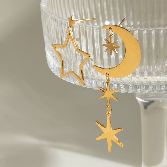 Stainless Steel Geometric Star Moon Earrings Electroplated Ins Style For Women