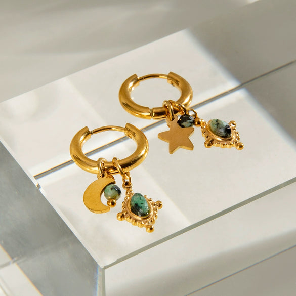 Stainless Steel Geometric Star Moon Earrings With Electroplating Retro Design For Women