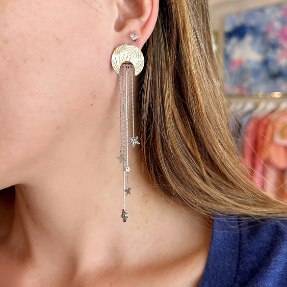 Stainless Steel Geometric Star Moon Tassel Earrings Electroplating For Women