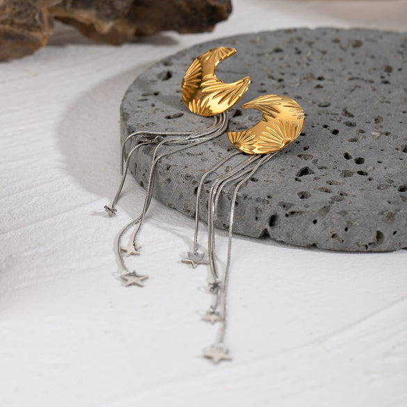 Stainless Steel Geometric Star Moon Tassel Earrings Electroplating For Women
