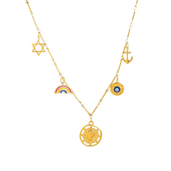 Stainless Steel Geometric Star Rainbow Pendant Necklace With Vacuum Plated 18K Gold Color