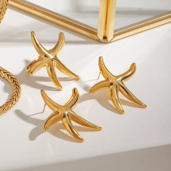 Stainless Steel Geometric Starfish And Fivepointed Star Electroplated Earrings