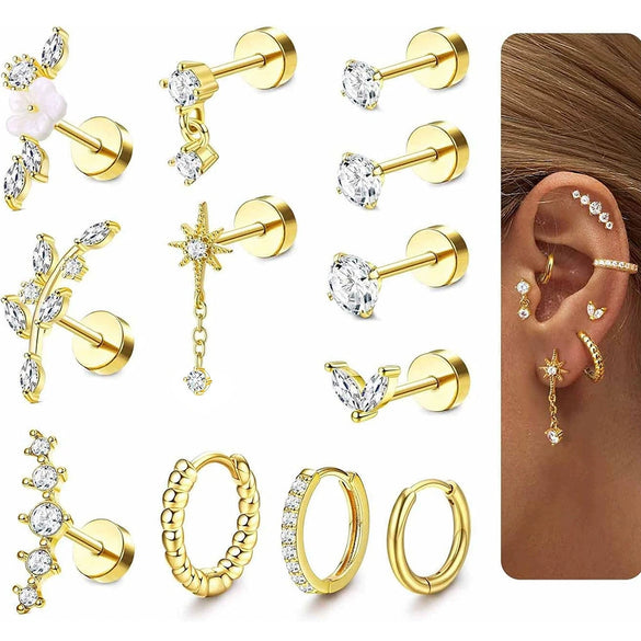 Stainless Steel Geometric Style Earrings Set With Diamonds