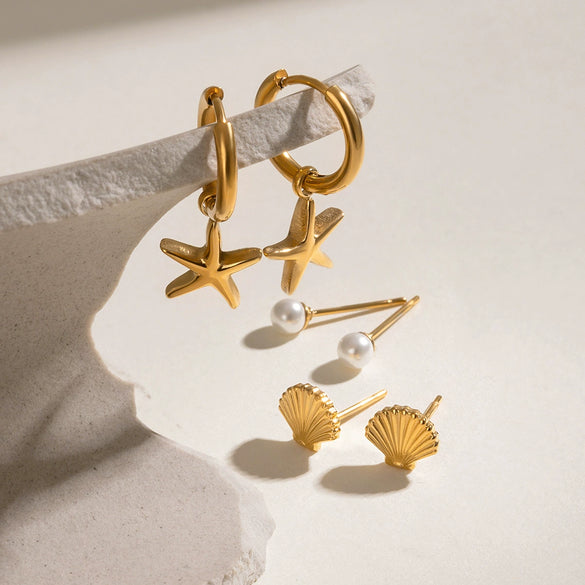 Stainless Steel Geometric Style Electroplating Starfish Pearl Women's Earrings Three Pair Set