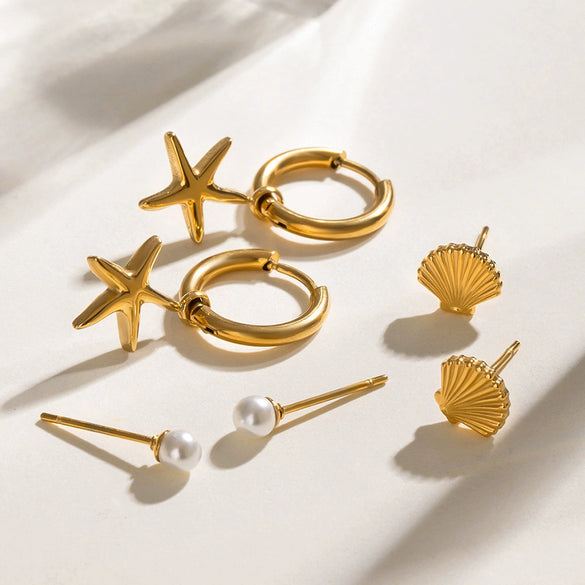 Stainless Steel Geometric Style Electroplating Starfish Pearl Women's Earrings Three Pair Set
