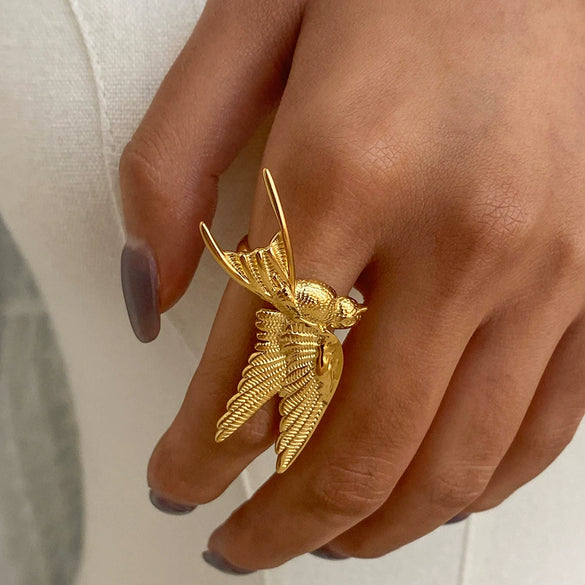 Stainless Steel Geometric Style Peace Dove Jewelry Ring With Electroplating Design