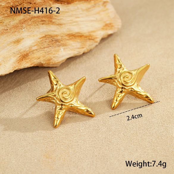 Stainless Steel Geometric Style Starfish Design Jewelry Hammer Pattern Twist Chain Earrings Necklace