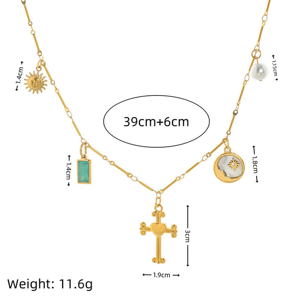 Stainless Steel Geometric Sun Moon Cross Pendant Necklace With Furnace Vacuum Plating 18K Gold Color