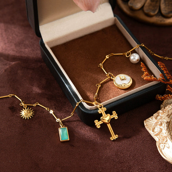 Stainless Steel Geometric Sun Moon Cross Pendant Necklace With Furnace Vacuum Plating 18K Gold Color