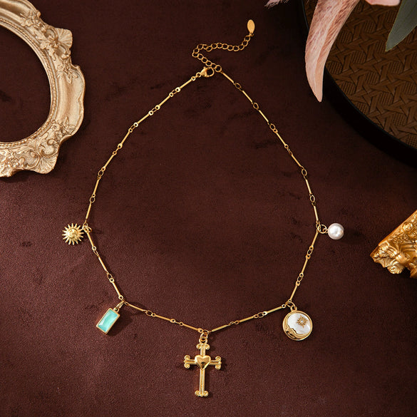 Stainless Steel Geometric Sun Moon Cross Pendant Necklace With Furnace Vacuum Plating 18K Gold Color