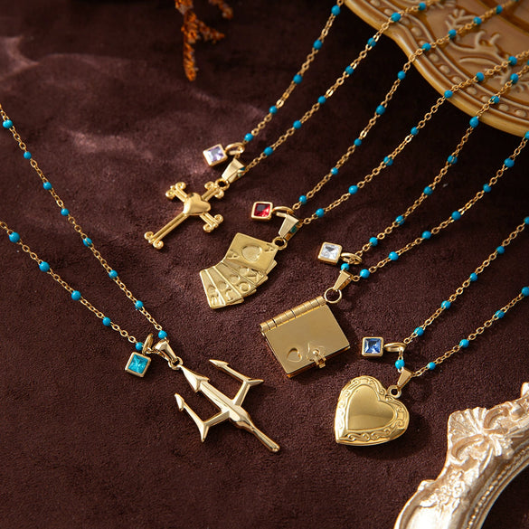 Stainless Steel Geometric Sun Moon Cross Pendant Necklace With Furnace Vacuum Plating 18K Gold Color