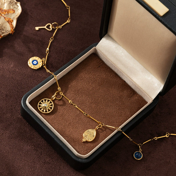 Stainless Steel Geometric Sun Wheel Lotus Pendant Necklace With Vacuum Electroplated 18K Gold Color Preservation