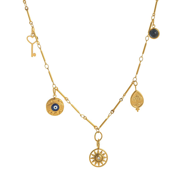 Stainless Steel Geometric Sun Wheel Lotus Pendant Necklace With Vacuum Electroplated 18K Gold Color Preservation