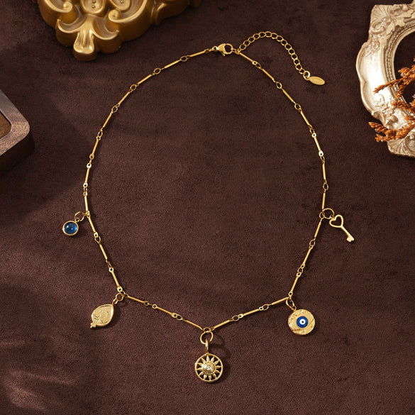 Stainless Steel Geometric Sun Wheel Lotus Pendant Necklace With Vacuum Electroplated 18K Gold Color Preservation