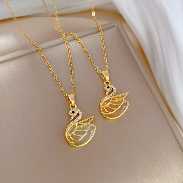 Stainless Steel Geometric Swan Opal Necklace For Female