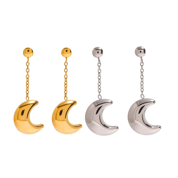 Stainless Steel Geometric Tassel Moon Pendant Earrings Electroplated For Women