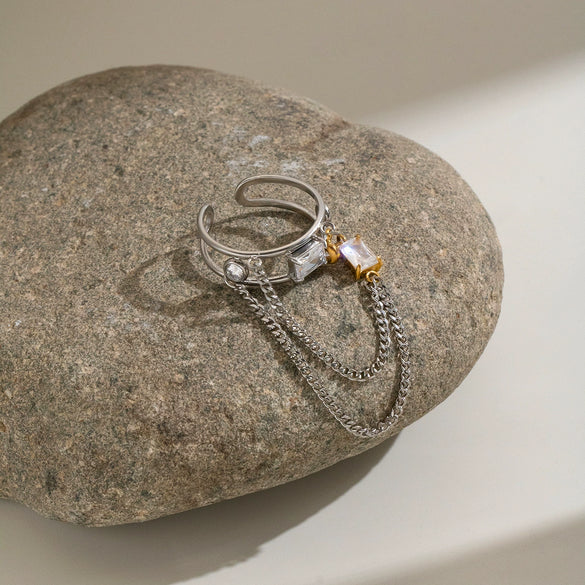 Stainless Steel Geometric Tassel Open Ring With Vacuum Electroplated Finish Unisex Retro Fashion Jewelry