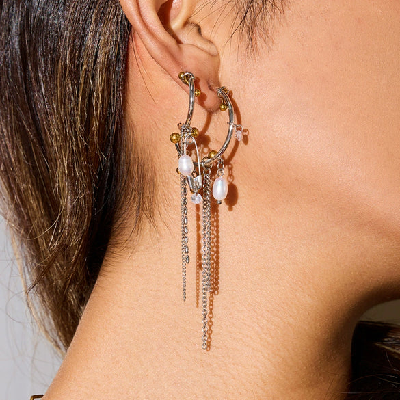 Stainless Steel Geometric Tassel Pearl Earrings Electroplated Women's Jewelry